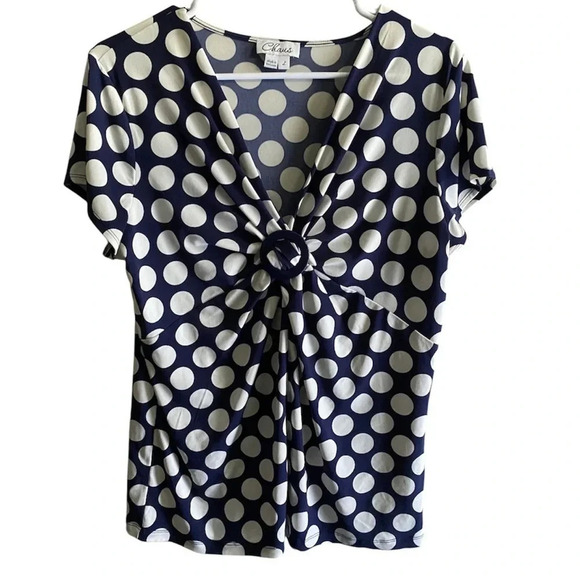CHAUS EUC WOMENS BLUE WHITE POLKA DOT TOP SHORT BLOUSE SUMMER CASUAL TOPS SIZE L - Picture 1 of 5